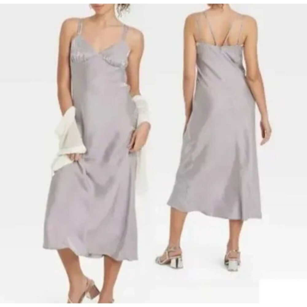 Women's L Slip Dress Gray Silver Double Adjustable Strap Back Zip Maxi